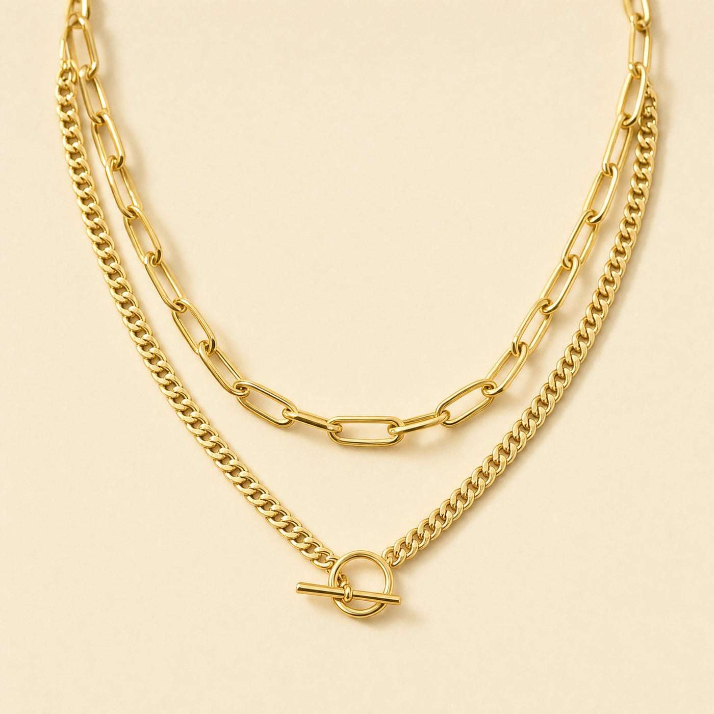 Gold Layered Chain Necklace – Cuban Link Paperclip Toggle Clasp, 14k Gold Plated Gift for Her