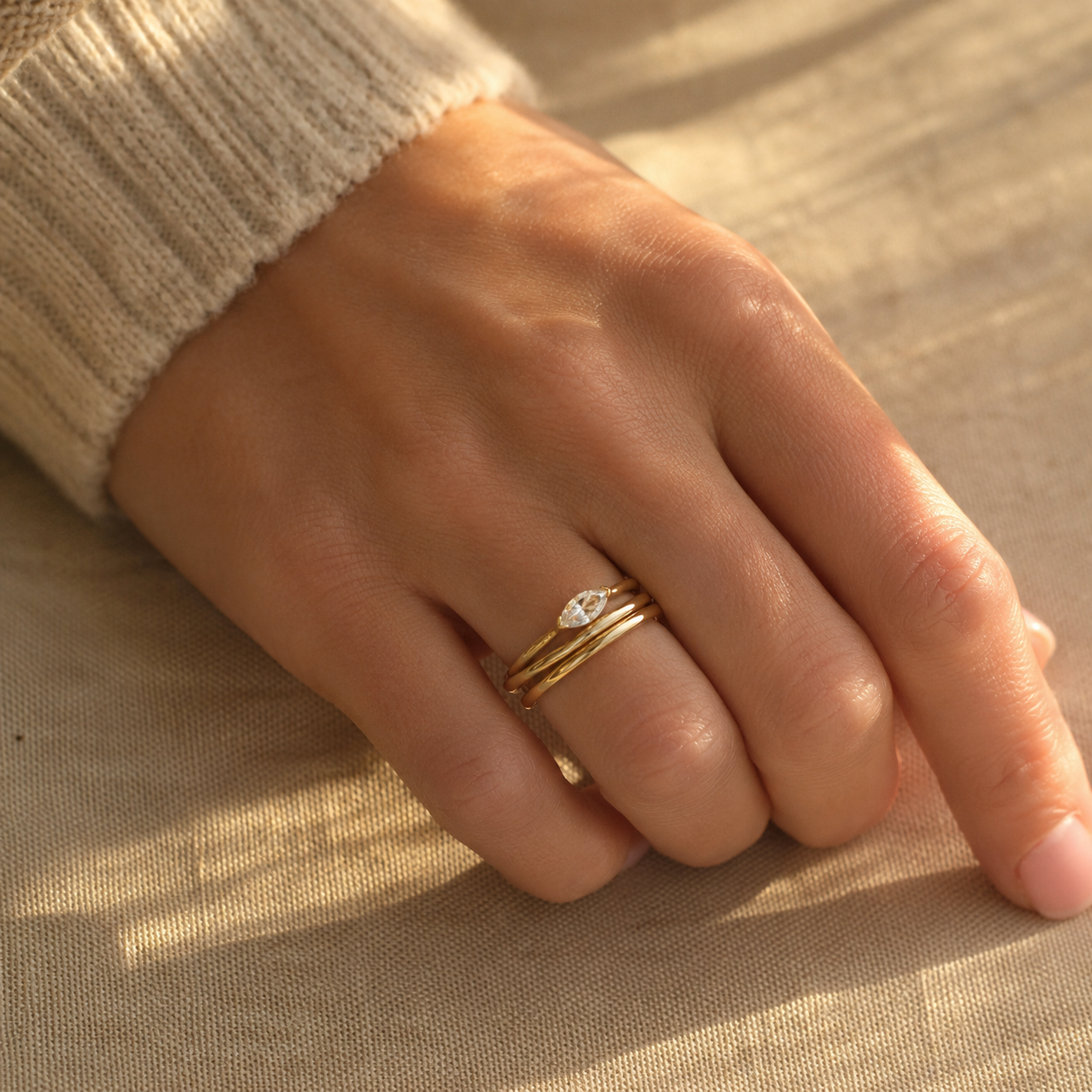 Gold Marquise CZ Ring – Dainty Minimalist Wedding Band, Stackable Promise Ring for Women