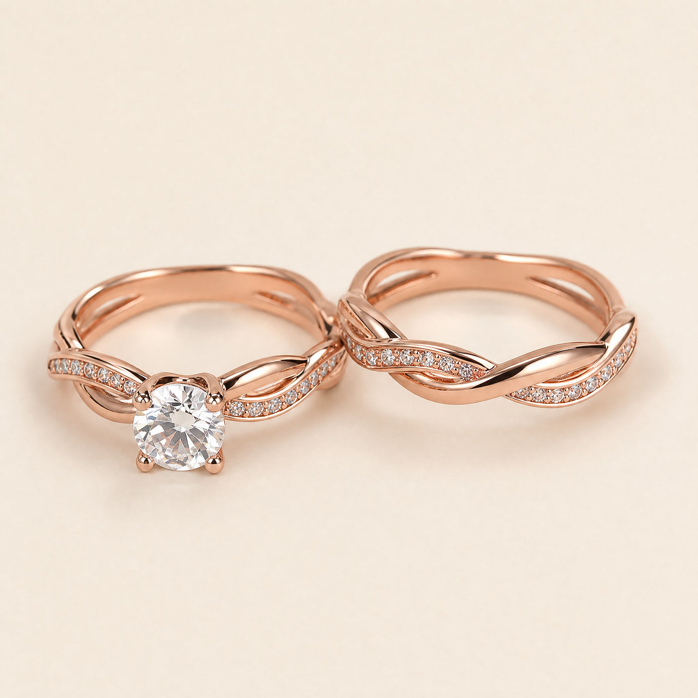 CZ Bridal Ring Set – Twisted Band Engagement Rings in Silver Gold Rose Gold for Women