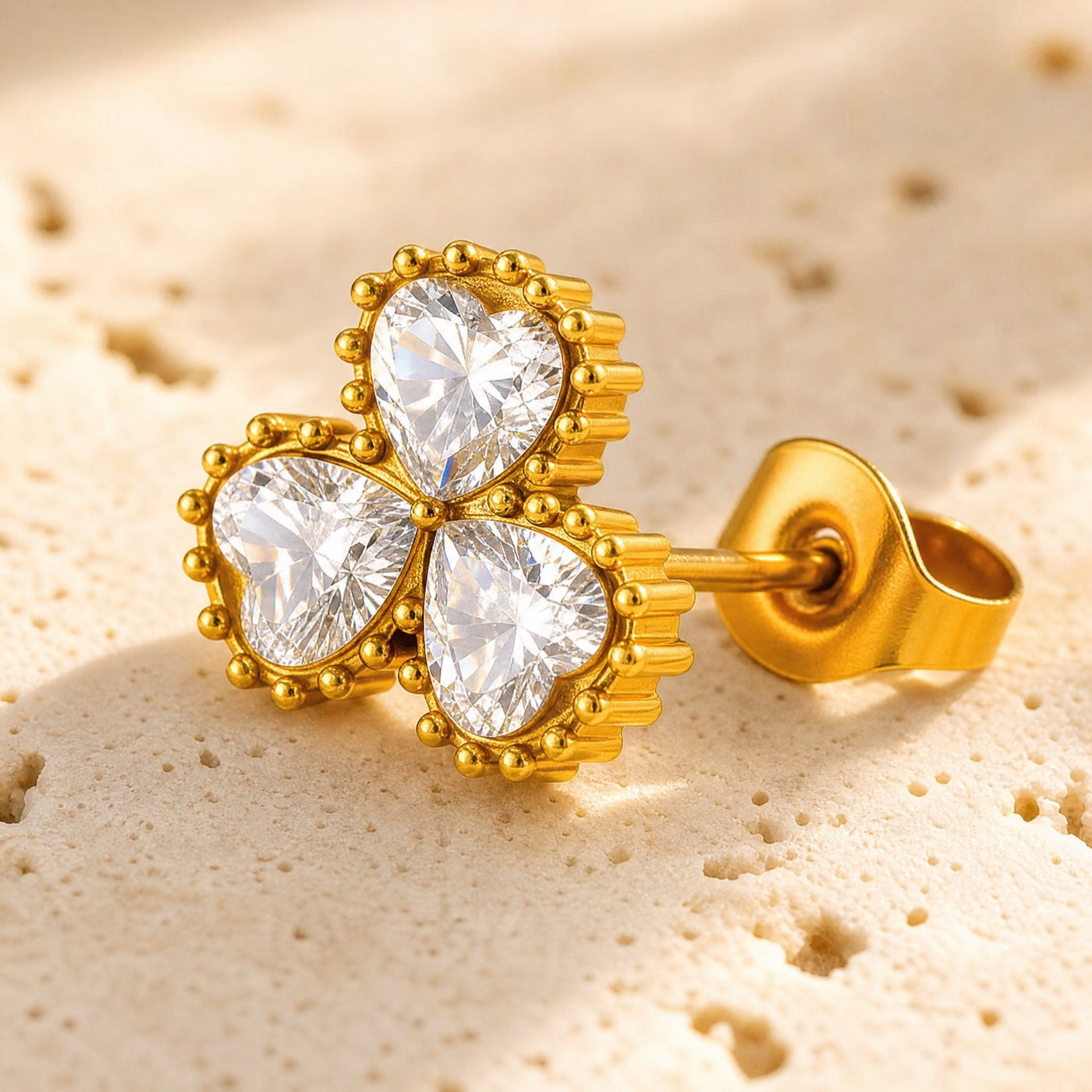 Gold Triple Heart Clover Stud Earrings – Dainty CZ Gold Studs, Minimalist Gift for Her