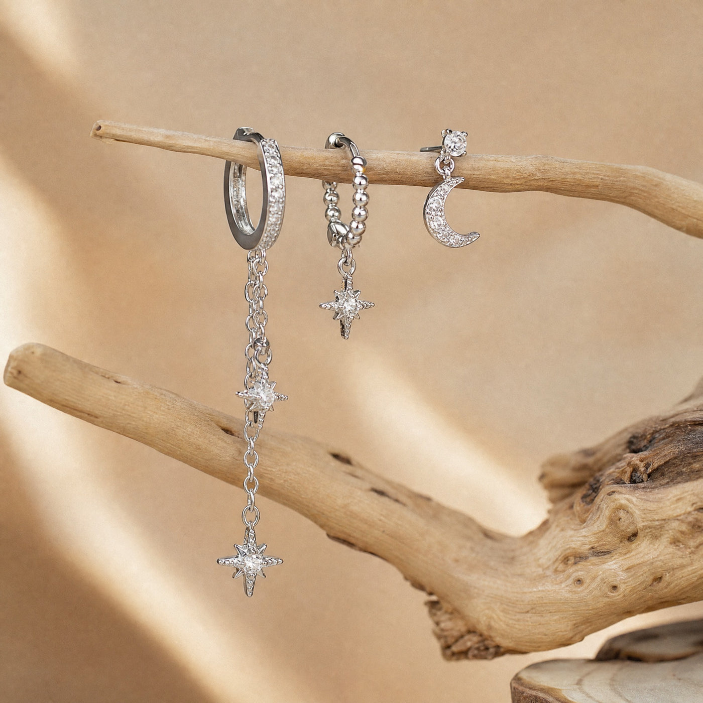 Pavé Moon Star Earring Set – CZ Hoop Stud Drop Earrings for Multiple Piercings, Gift for Her