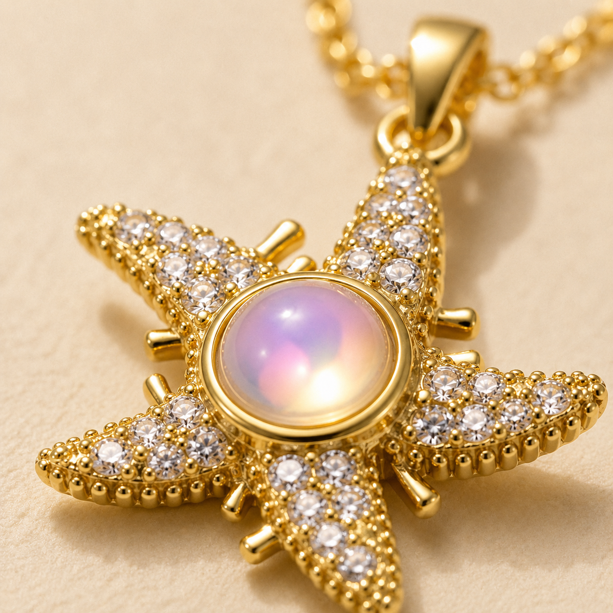 Gold Pavé Starfish Necklace – Dainty Moonstone CZ Pendant Collarbone Chain, Gift for Her