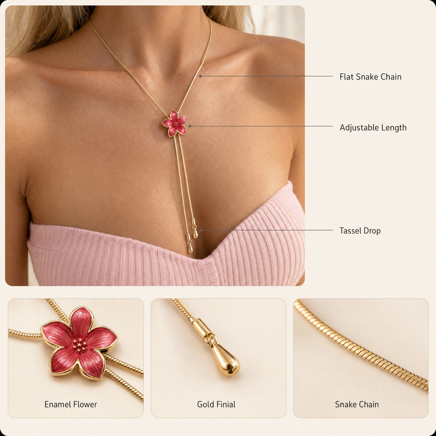 Enamel Flower Y Necklace – Adjustable Long Chain Floral Pendant, Minimalist Gift for Her