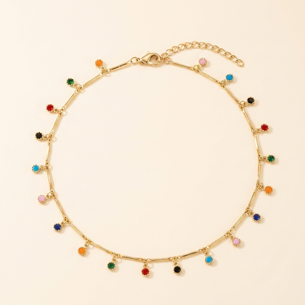 Multicolor Charm Choker Necklace – Dainty Gold Silver Colorful Bead Tassel Chain, Gift for Her