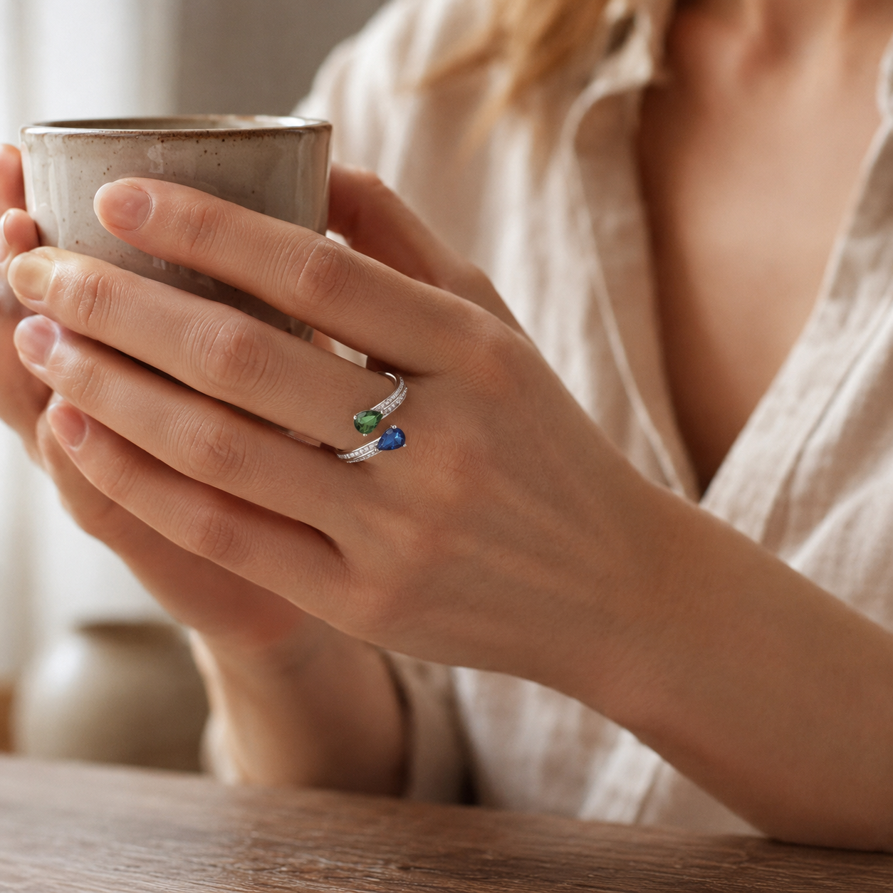 Blue Green Dual Teardrop CZ Ring – Silver Open Bypass Pear Stone Ring for Women