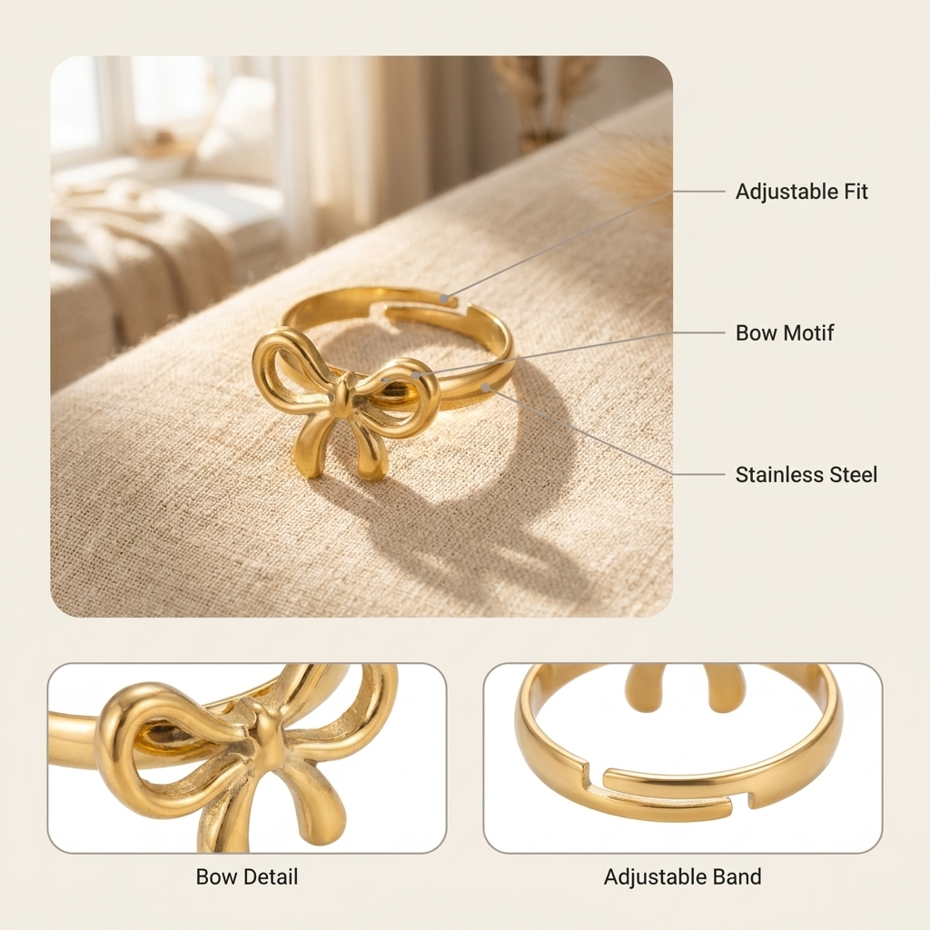Gold Resizable Bow Ring – Dainty Adjustable Stainless Steel Ribbon Ring, Gift for Her