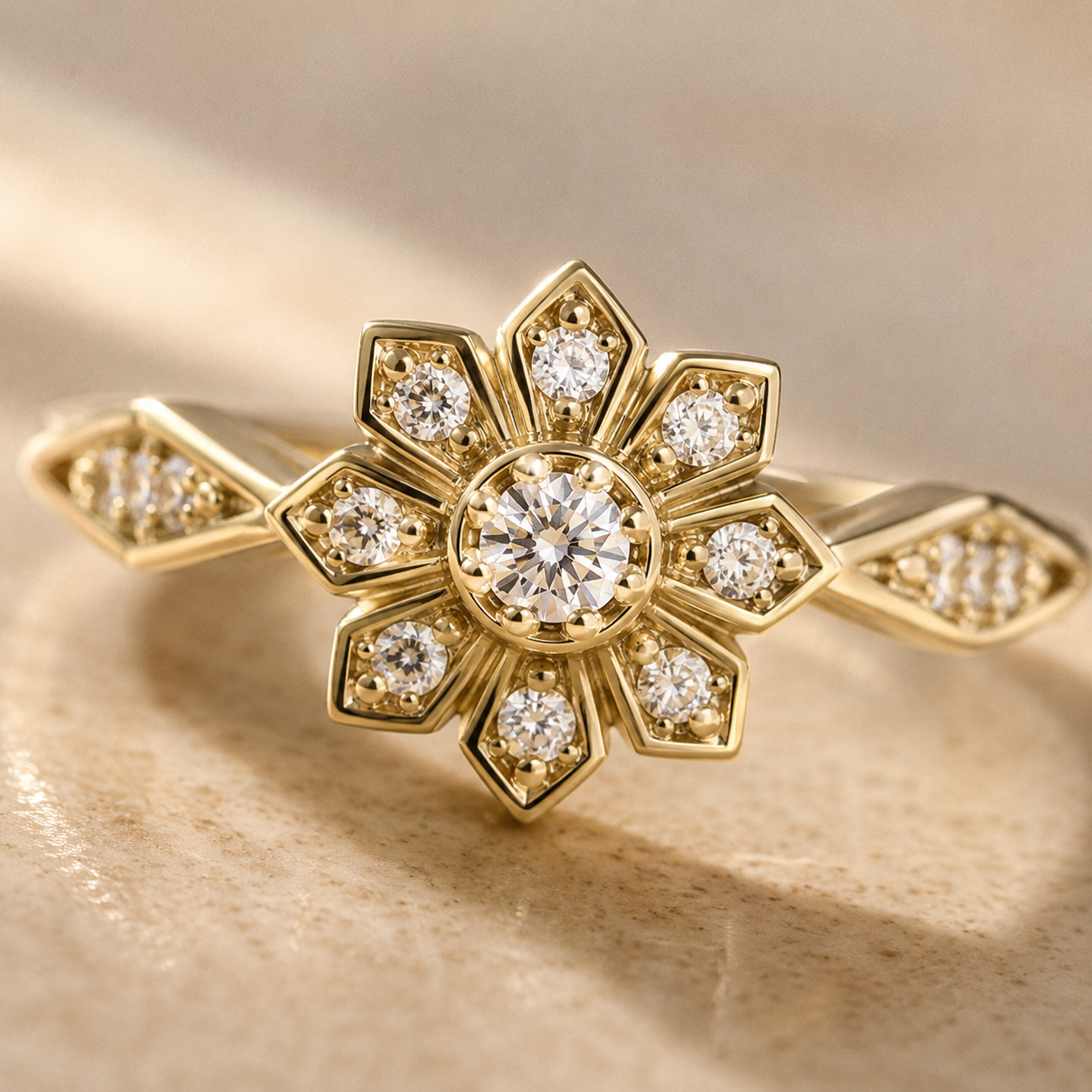 Gold Pavé Flower Ring – Dainty CZ Statement Ring, Adjustable Band, Gift for Her
