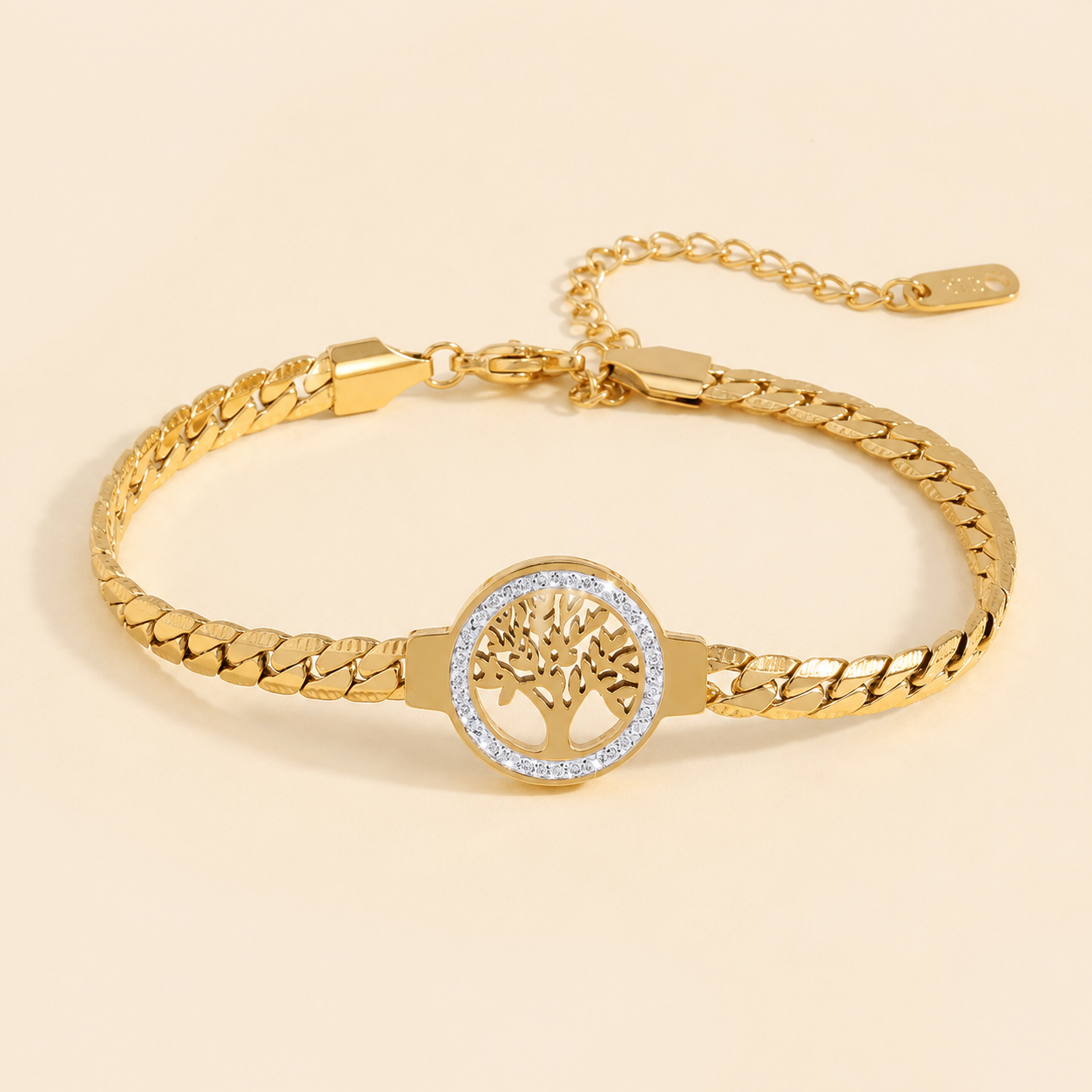 Gold Tree of Life Bracelet – Pavé CZ Curb Chain Charm Bracelet, Gift for Her