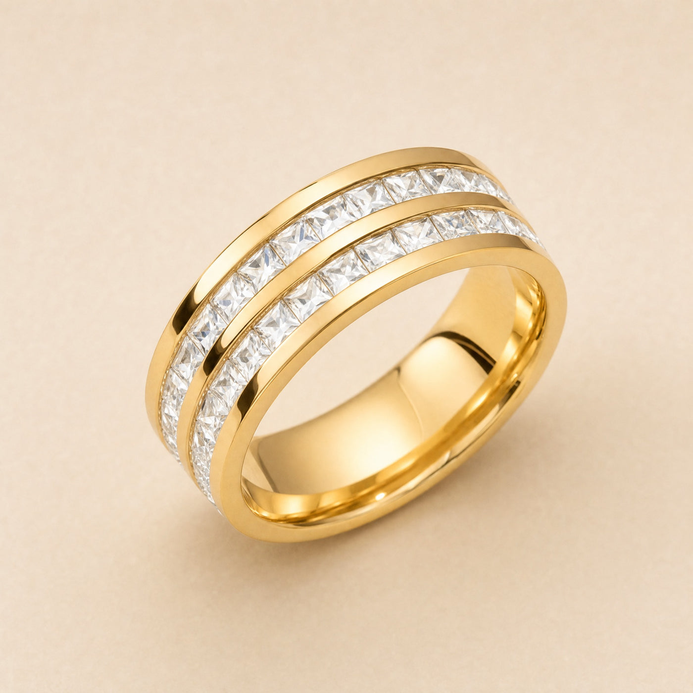 Double Row CZ Band Ring – Square Zircon Pavé Stainless Steel Wedding Ring for Women