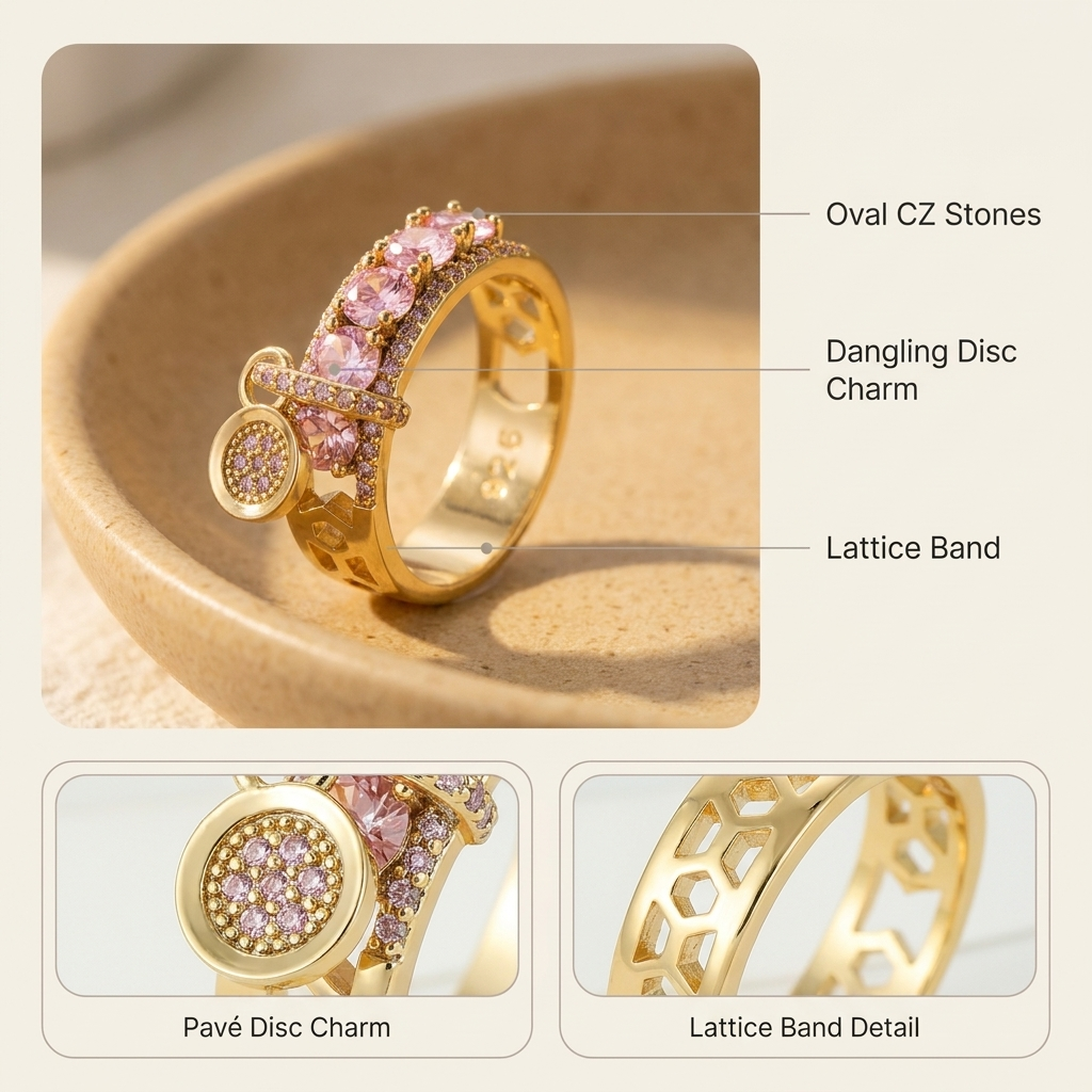 Pavé CZ Charm Ring – Pink Zircon Dangle Statement Ring, Gift for Her