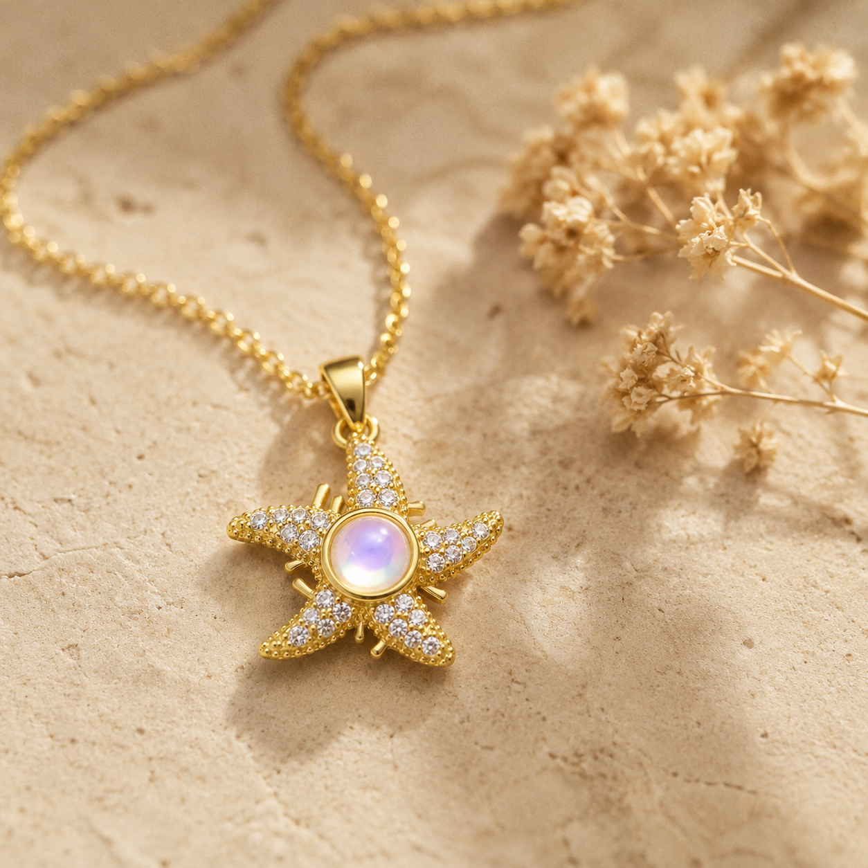 Gold Pavé Starfish Necklace – Dainty Moonstone CZ Pendant Collarbone Chain, Gift for Her