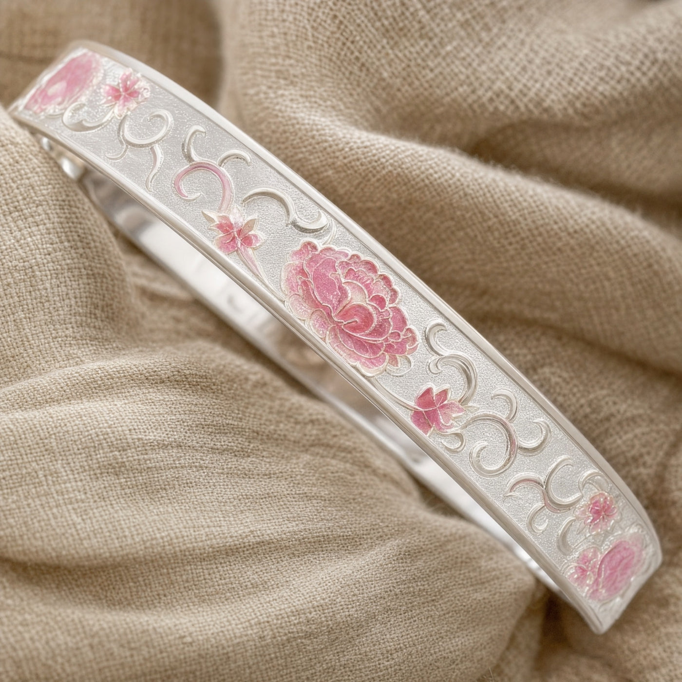 Pink Floral Enamel Bracelet Set – Silver-Tone Bangle and Flower Chain Bracelet