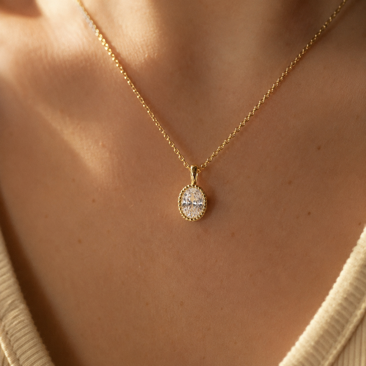 Gold Oval CZ Pendant Necklace – Dainty Milgrain Bezel Solitaire Chain, Gift for Her