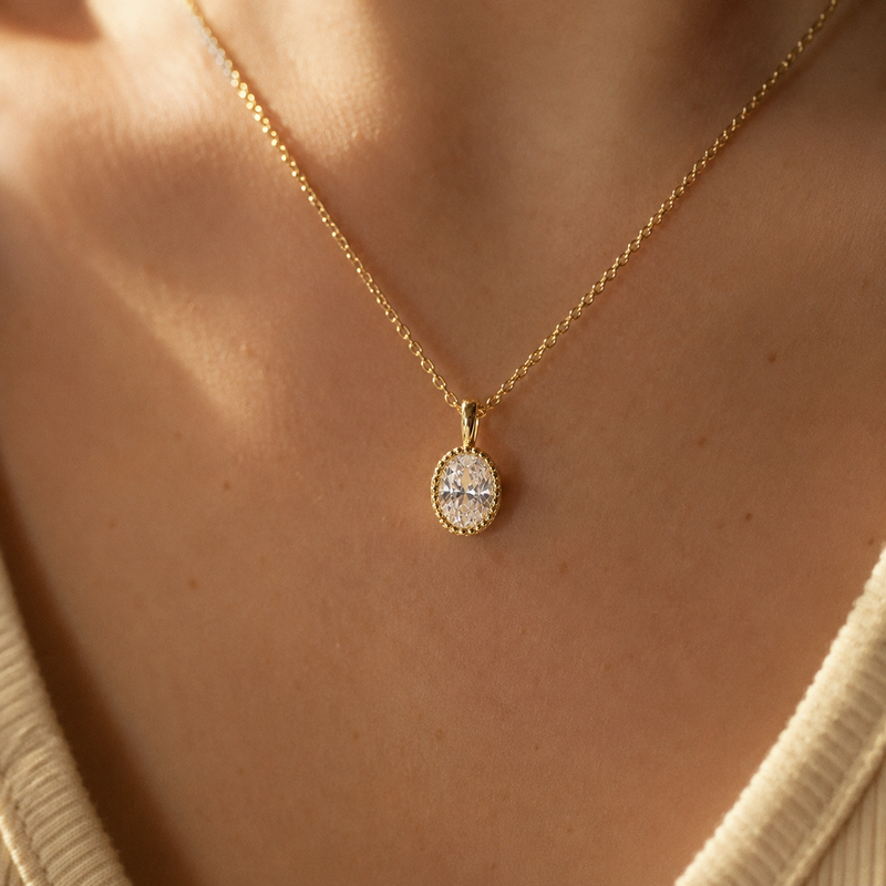 Gold Oval CZ Pendant Necklace – Dainty Milgrain Bezel Solitaire Chain, Gift for Her