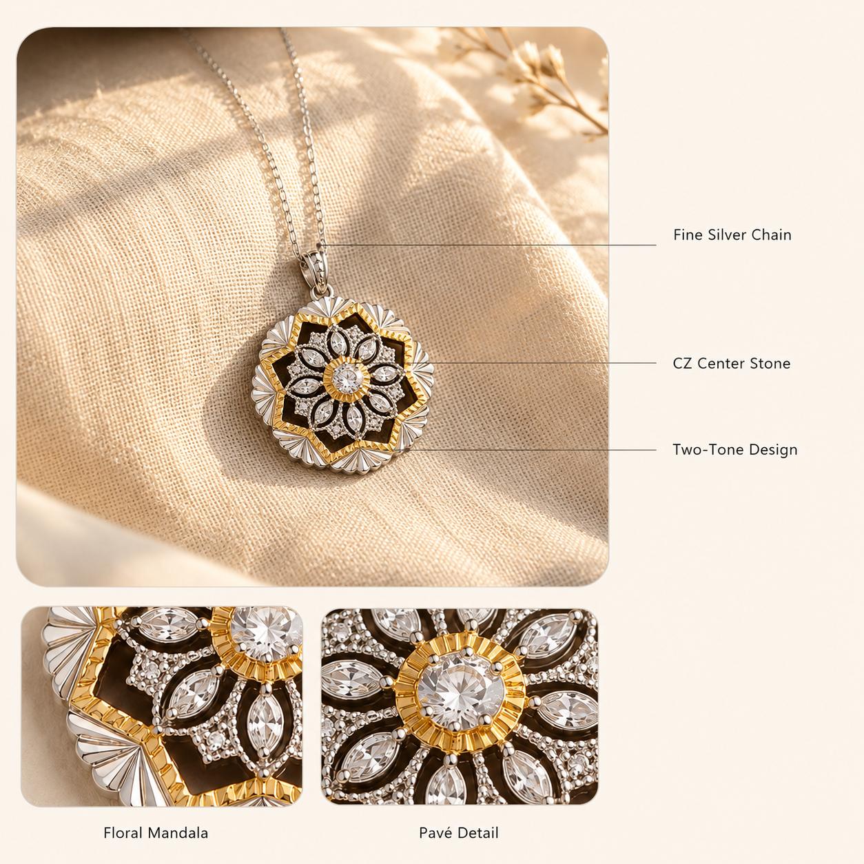Two-Tone Floral Mandala Pendant Necklace – Dainty Gold Silver CZ Flower Necklace for Women