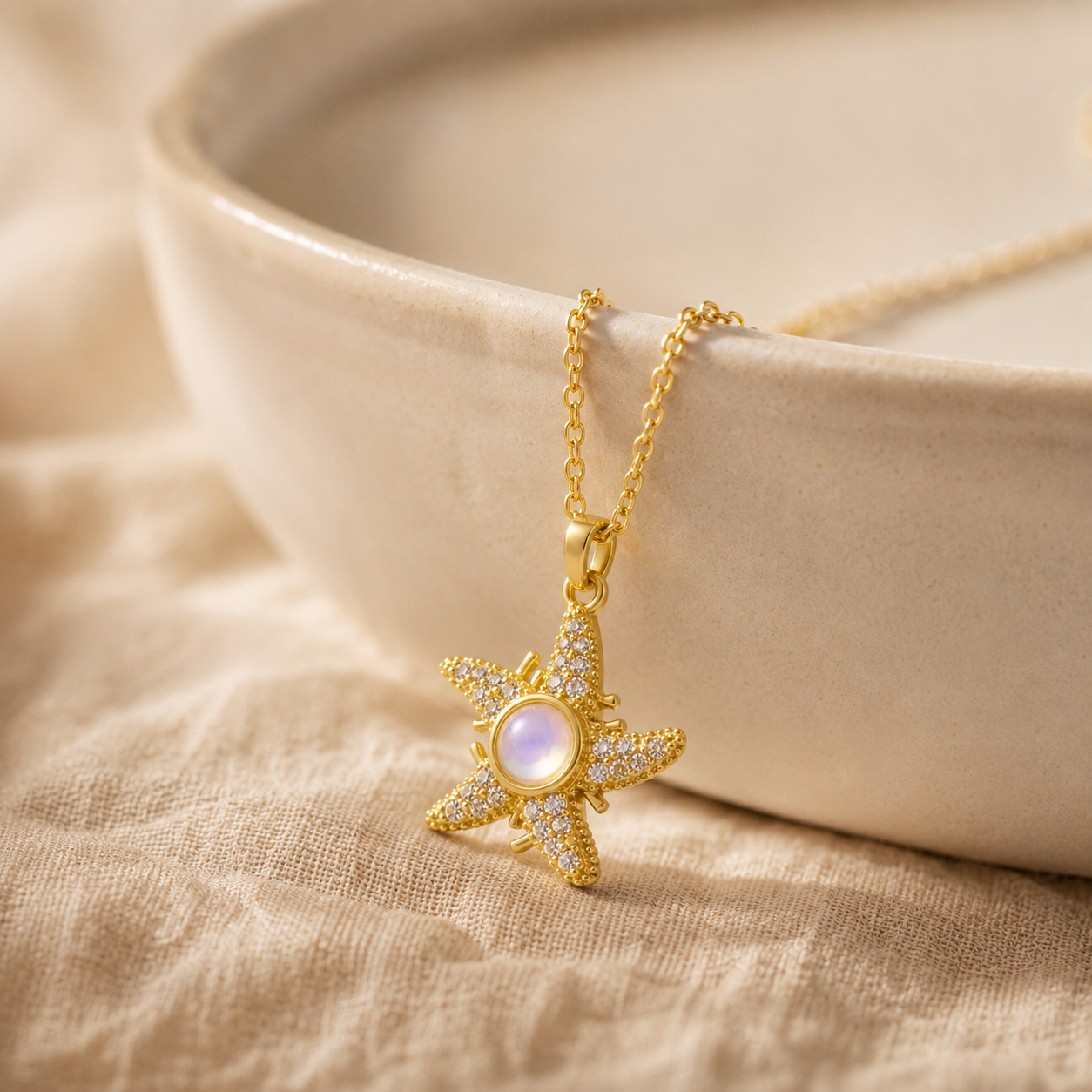 Gold Pavé Starfish Necklace – Dainty Moonstone CZ Pendant Collarbone Chain, Gift for Her