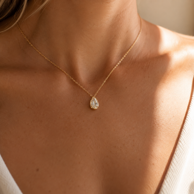 Gold Pear Drop CZ Pendant Necklace – Dainty Bezel Set Teardrop Necklace, Gift for Her