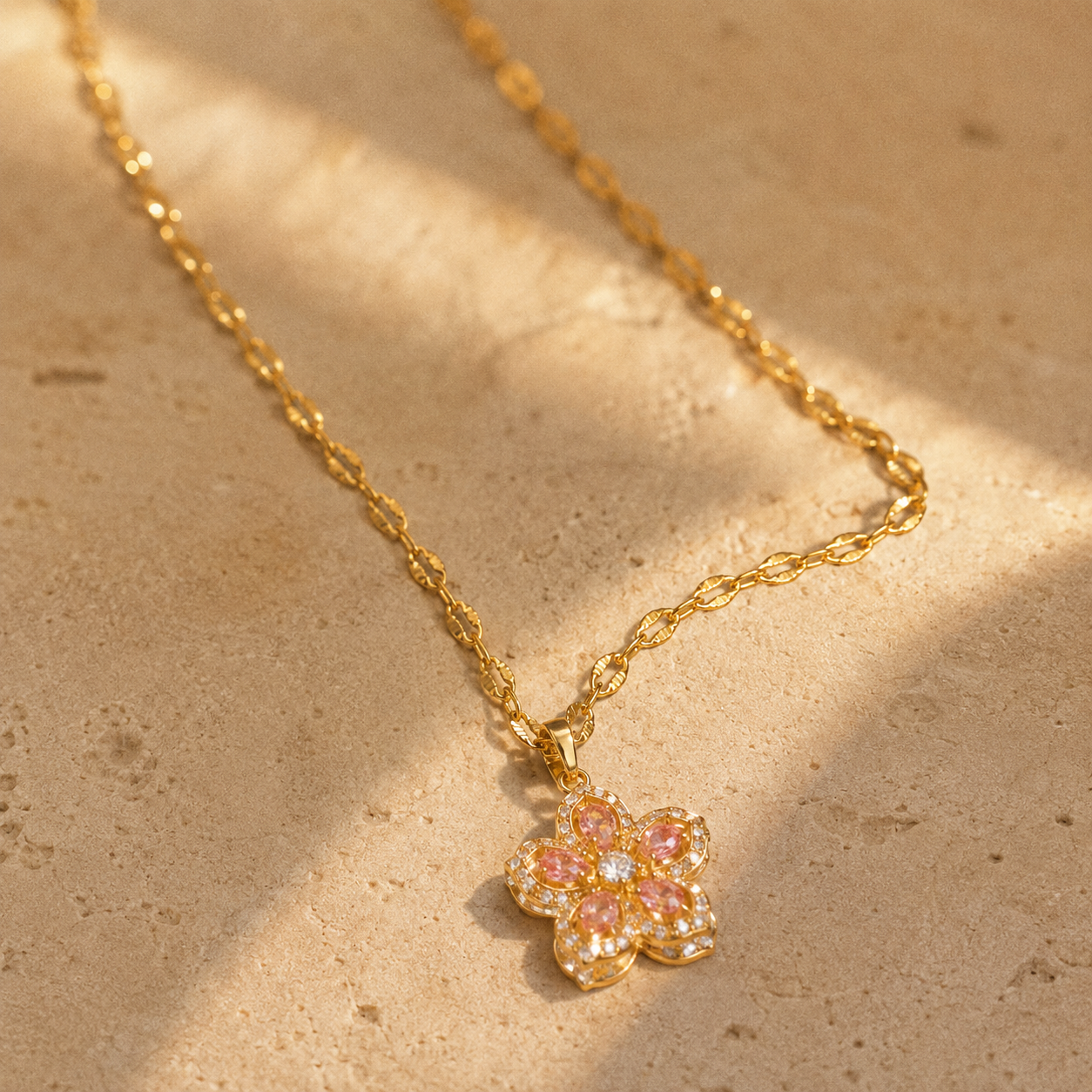 Gold Flower Pendant Necklace – Spinning CZ Floral Charm, Dainty Gift for Her
