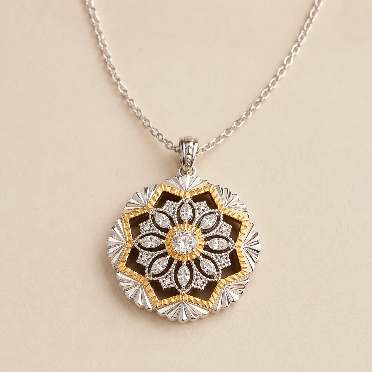 Two-Tone Floral Mandala Pendant Necklace – Dainty Gold Silver CZ Flower Necklace for Women