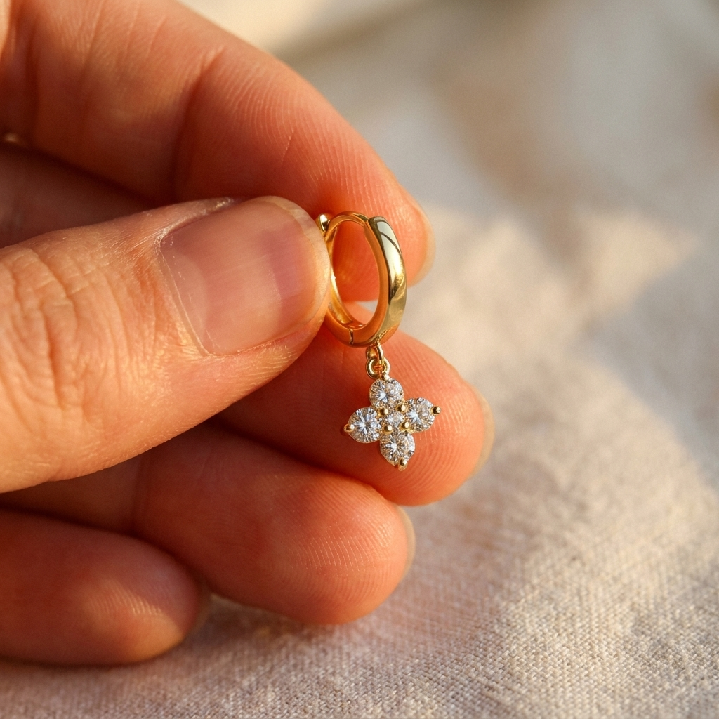 Pavé Clover Hoop Earrings – Dainty CZ Charm Huggie Hoops, Gift for Her
