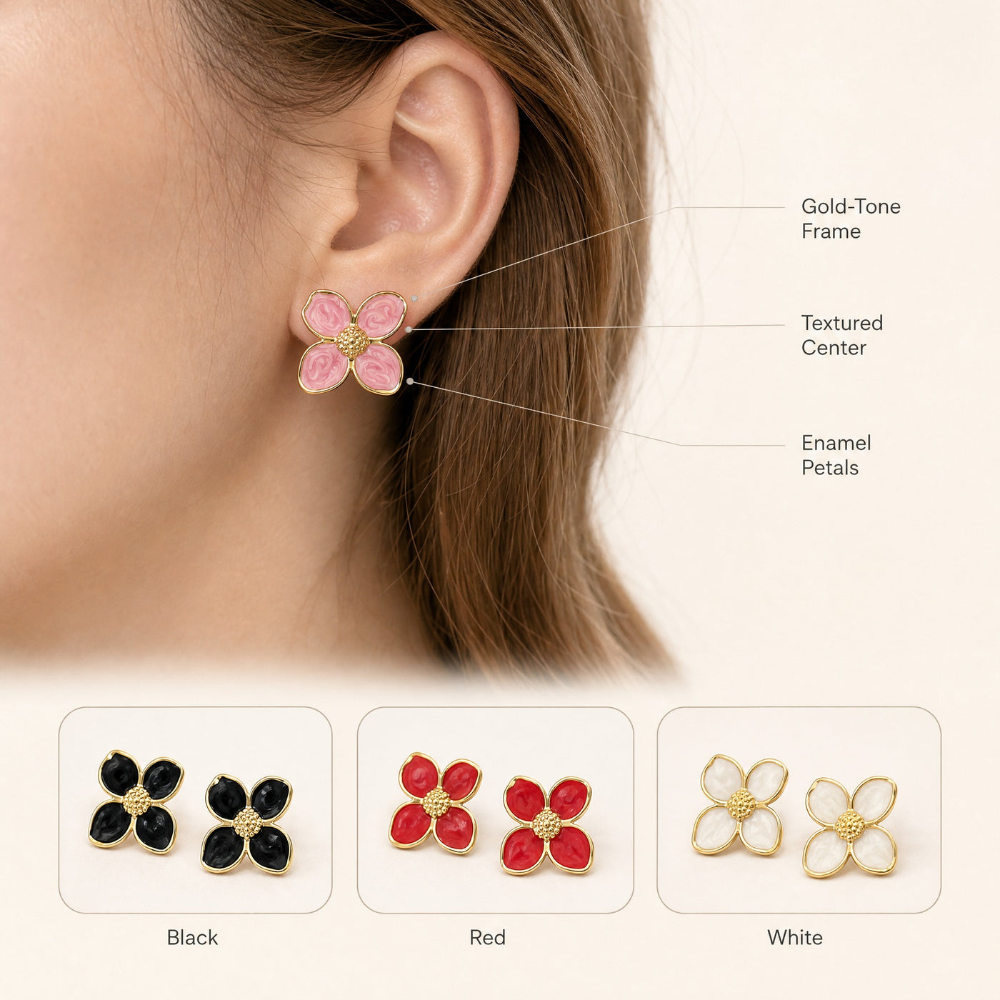 Gold Enamel Flower Stud Earrings – Dainty Floral Gold-Tone Studs, Gift for Her