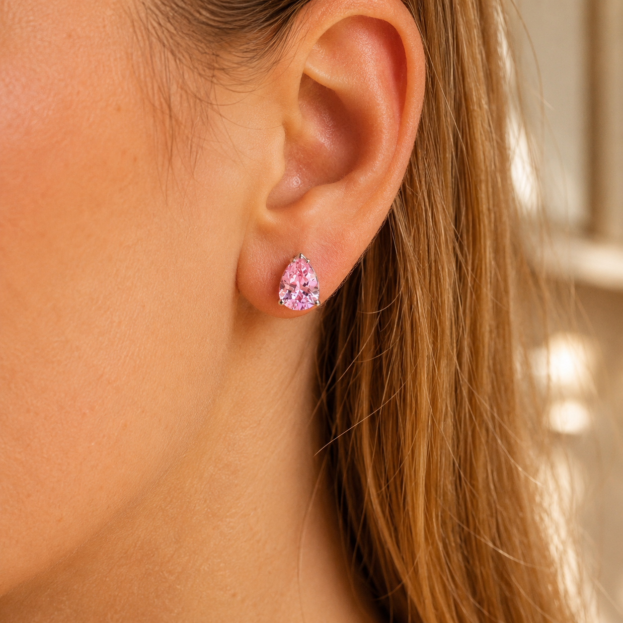 Silver Pear CZ Stud Earrings – Silver Pink Crystal Dainty Gift for Her