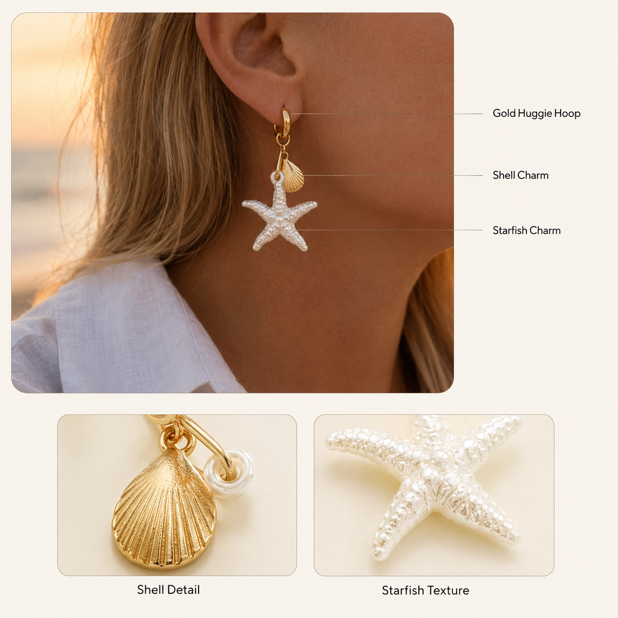 Gold Starfish Shell Hoop Earrings – Dangle Beach Jewelry, Boho Ocean Gift for Her