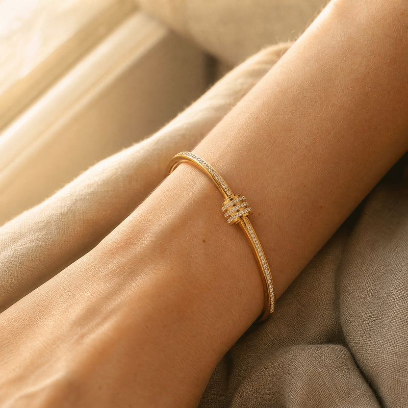 Zirconia Stainless Steel Cuff Bangle – Stackable Gold Silver Bracelet, Minimalist Gift for Women