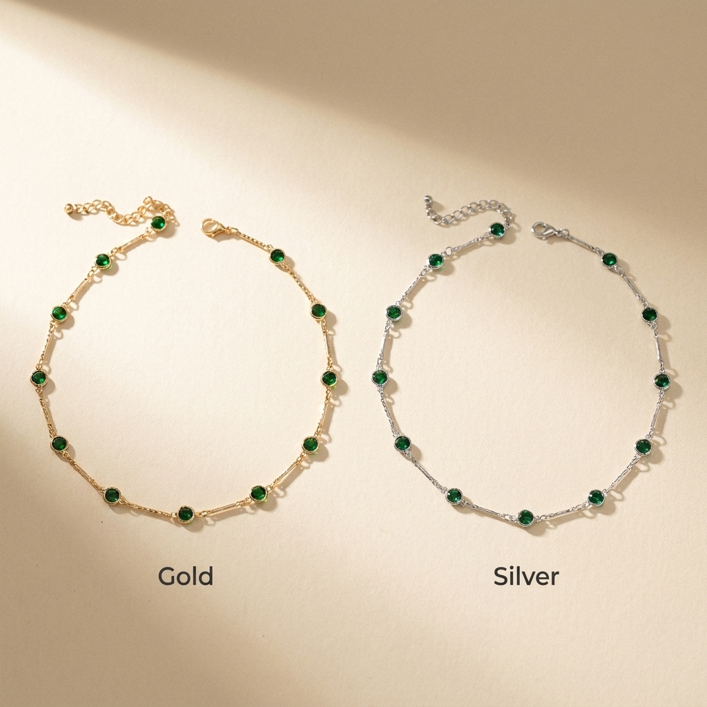 Green Stone Station Necklace – Dainty Gold Silver Chain Choker, Minimalist Gift for Her