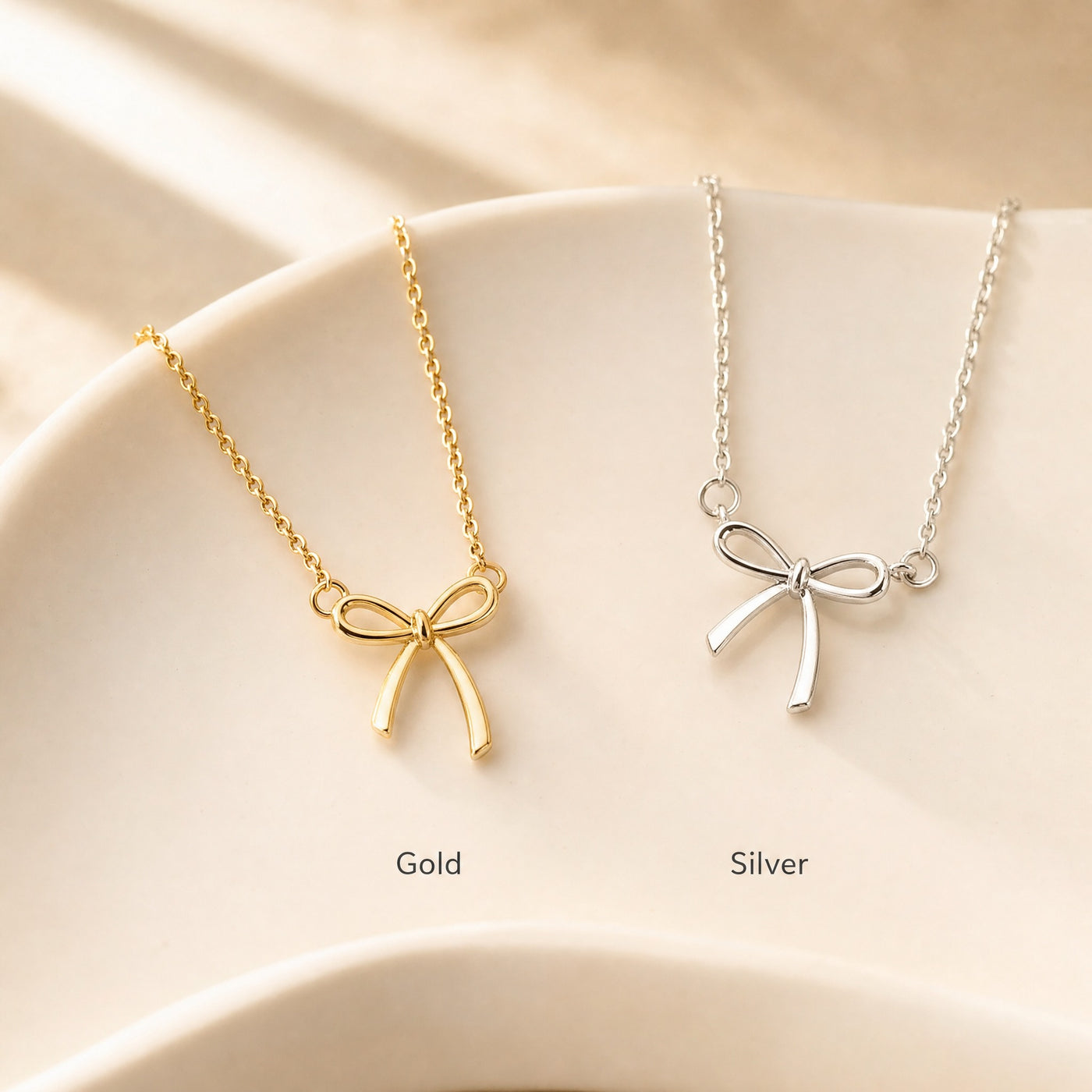 Gold Bow Pendant Necklace – Dainty Gold Silver Plated Bow Choker Chain, Gift for Her