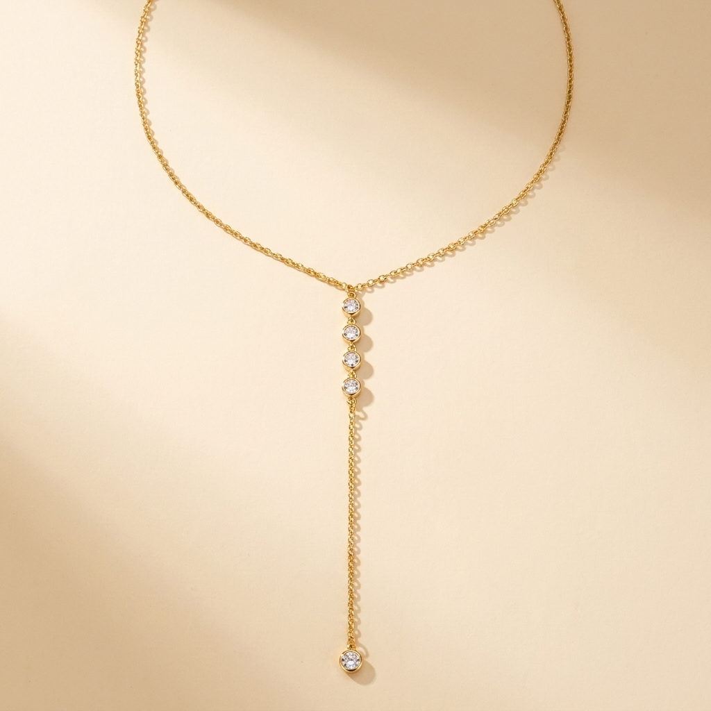 Crystal Lariat Y Necklace – Dainty CZ Bezel Drop Chain Gold Silver Layering Jewelry