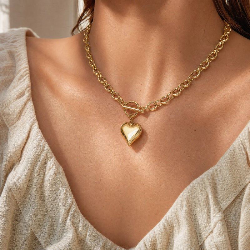 Puffy Heart Toggle Necklace – Gold Silver Chain Choker, Heart Charm Necklace Gift for Her