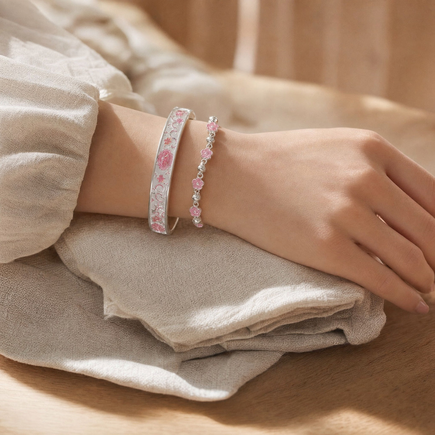 Pink Floral Enamel Bracelet Set – Silver-Tone Bangle and Flower Chain Bracelet