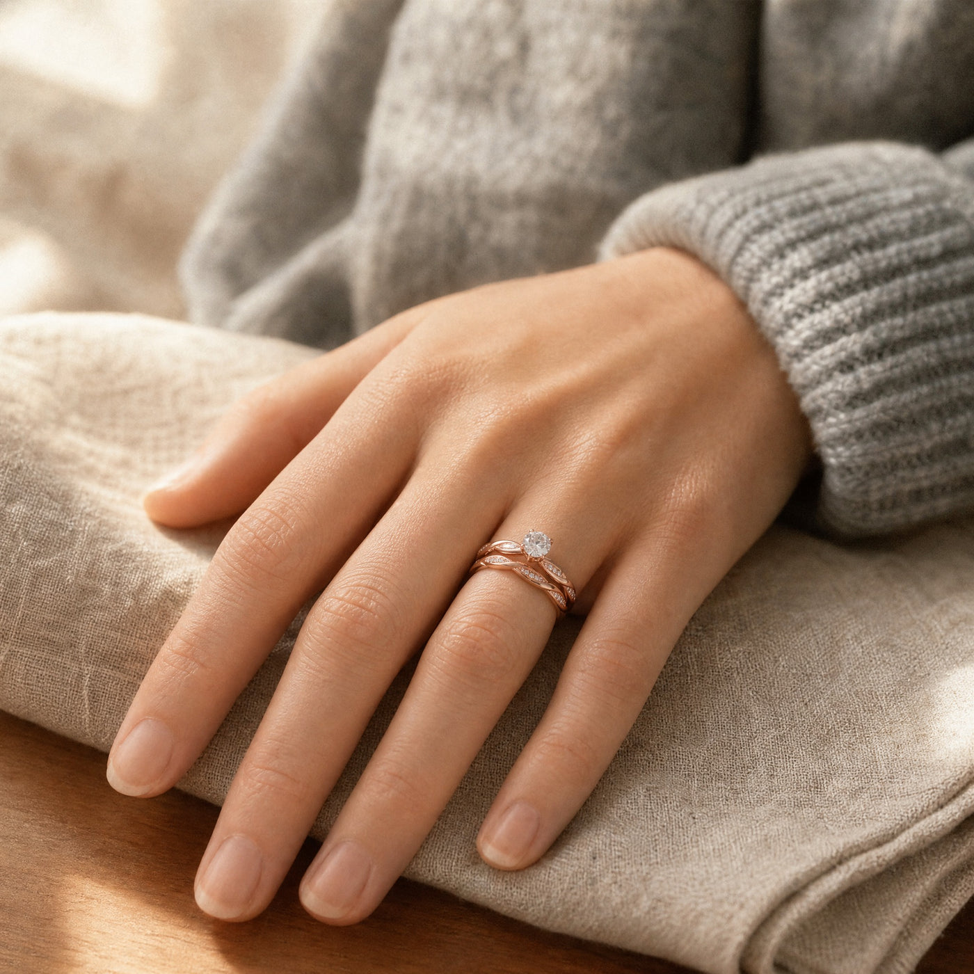 CZ Bridal Ring Set – Twisted Band Engagement Rings in Silver Gold Rose Gold for Women