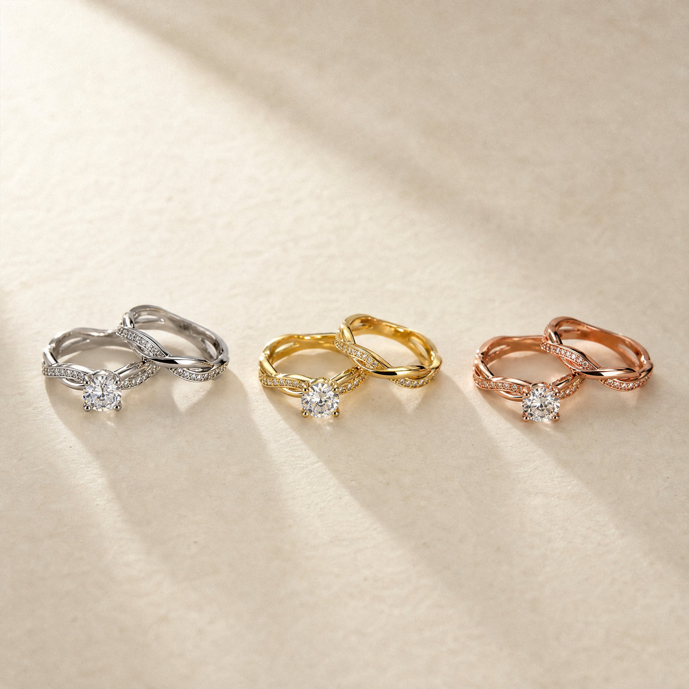 CZ Bridal Ring Set – Twisted Band Engagement Rings in Silver Gold Rose Gold for Women