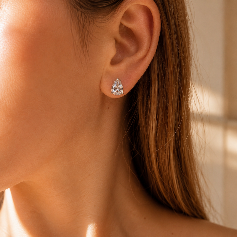 Silver Pear CZ Stud Earrings – Silver Pink Crystal Dainty Gift for Her