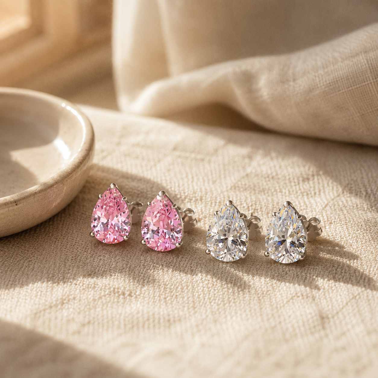 Silver Pear CZ Stud Earrings – Silver Pink Crystal Dainty Gift for Her