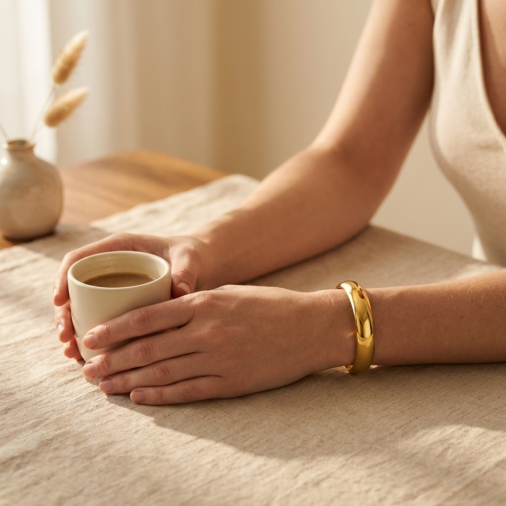 Gold Smooth Cuff Bangle – Chunky Stainless Steel Bracelet for Women, Waterproof Jewelry