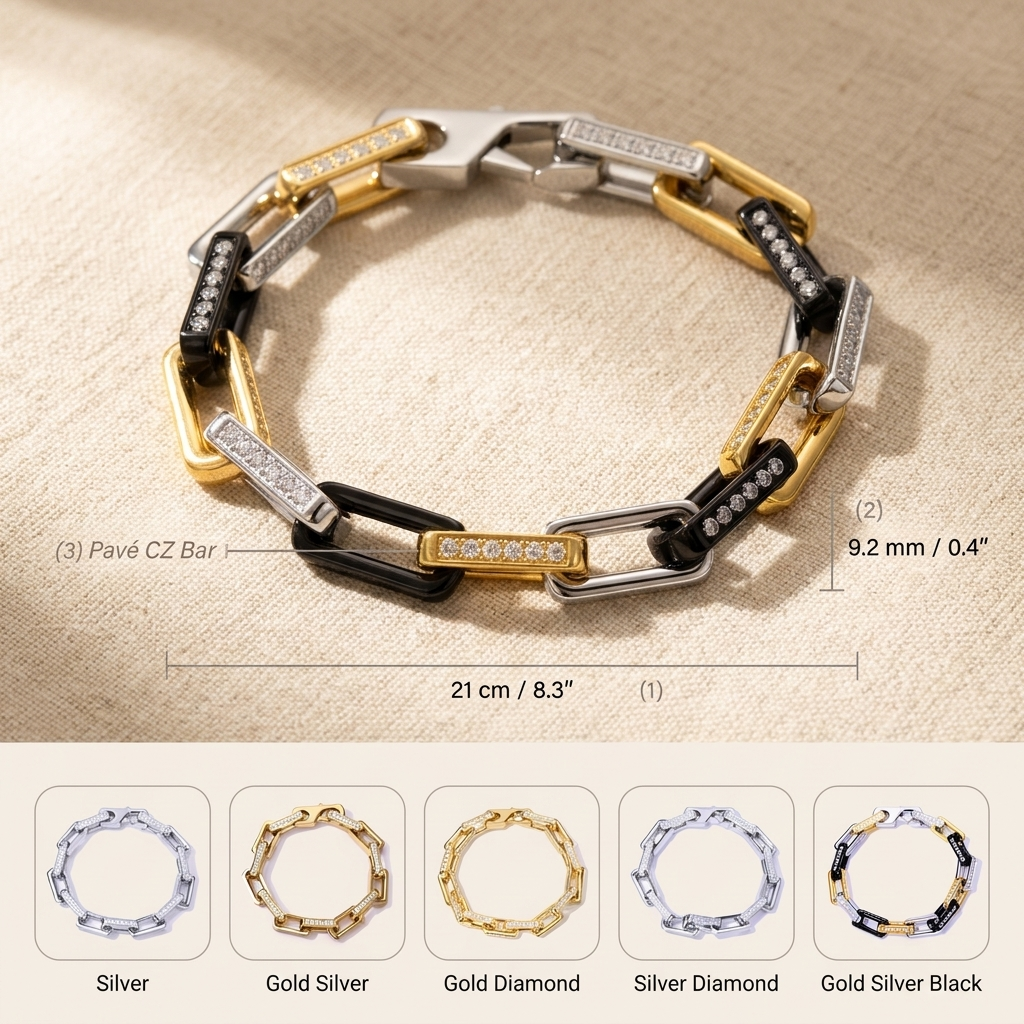 Pavé Chain Link Bracelet – CZ Rectangle Link Silver Gold Unisex Statement Bracelet