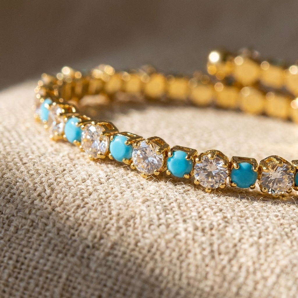 Turquoise CZ Gold Bangle – Dainty Pavé Tennis Bracelet, Boho Layering Jewelry Gift for Her