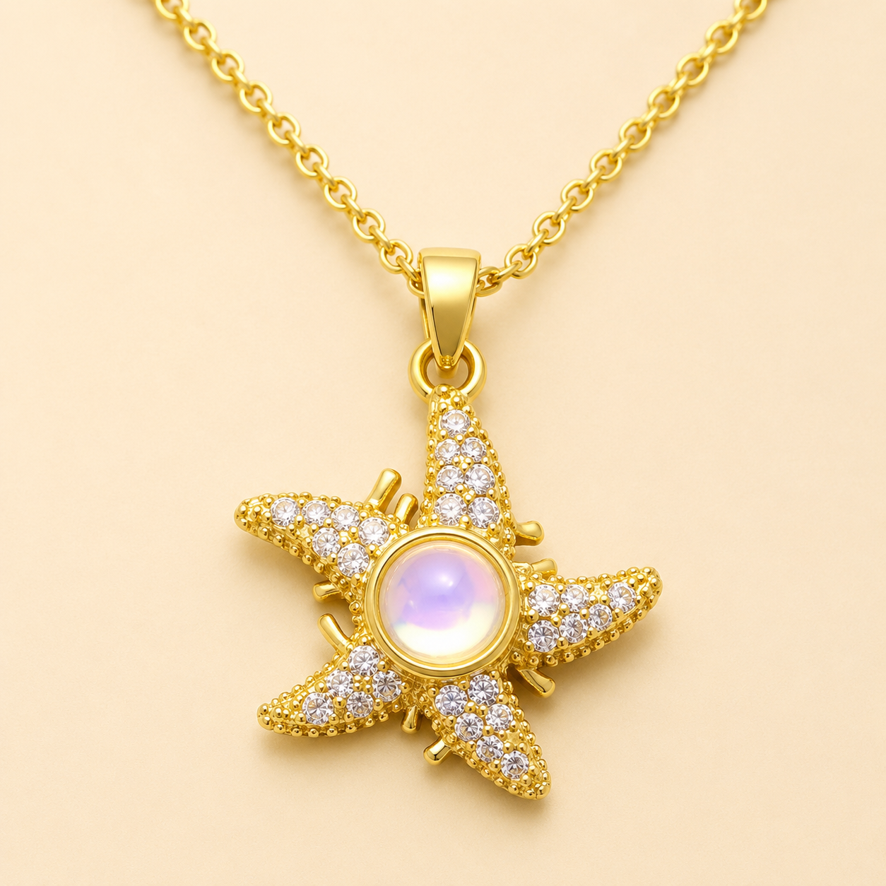 Gold Pavé Starfish Necklace – Dainty Moonstone CZ Pendant Collarbone Chain, Gift for Her