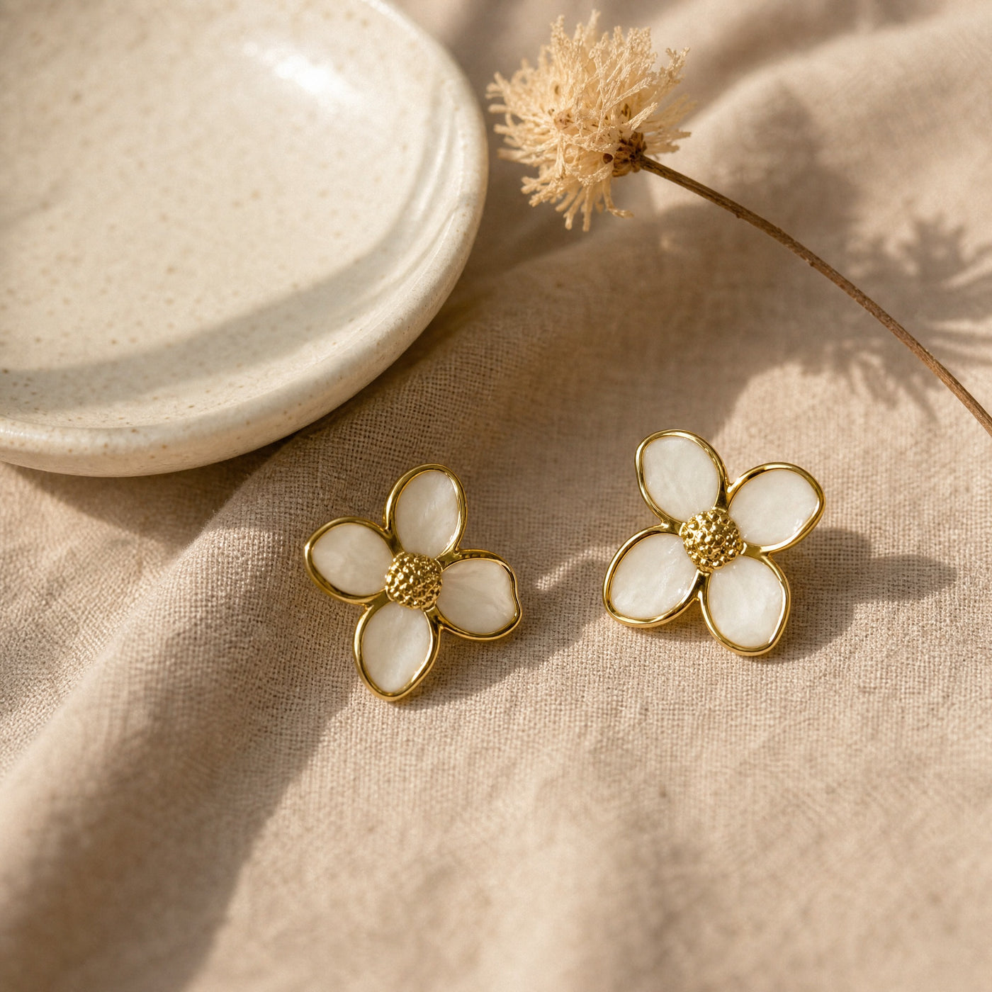 Gold Enamel Flower Stud Earrings – Dainty Floral Gold-Tone Studs, Gift for Her