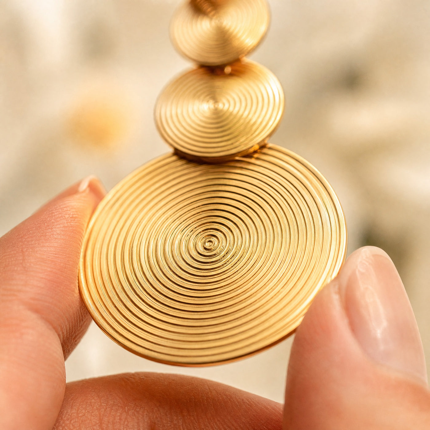 Gold Spiral Disc Drop Earrings – Bold Geometric Statement Dangle Earrings for Women