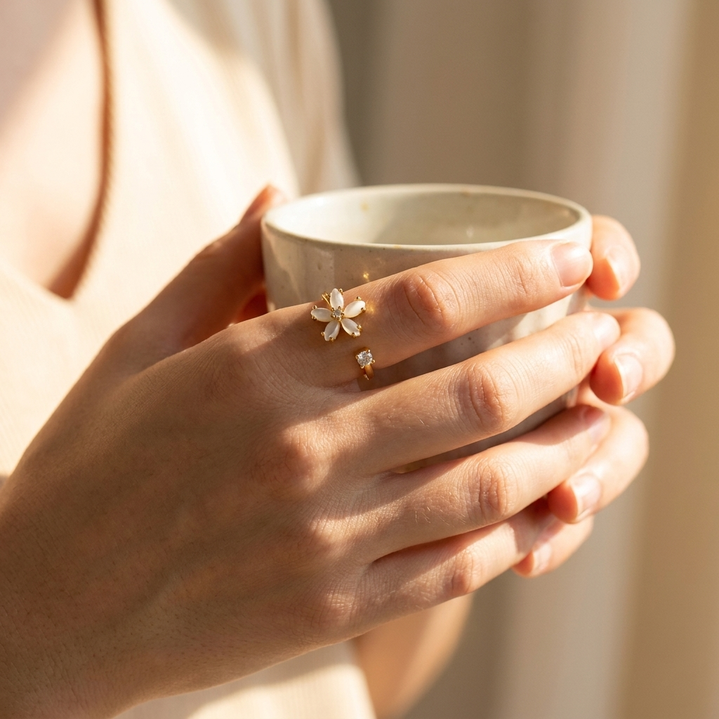 Gold Flower Open Ring – White Opal Petal CZ Adjustable Stainless Steel Ring, Gift for Her
