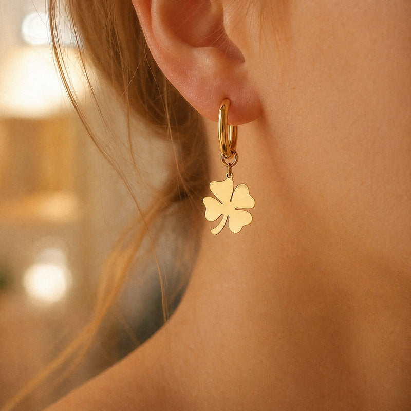 Four Leaf Clover Hoop Drop Earrings – Dainty Lucky Charm Earrings, Gold Silver Gift for Her