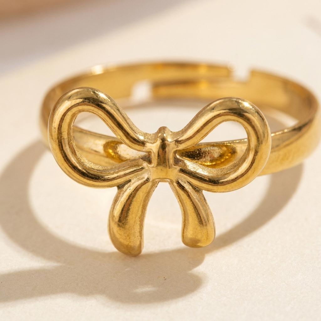 Gold Resizable Bow Ring – Dainty Adjustable Stainless Steel Ribbon Ring, Gift for Her