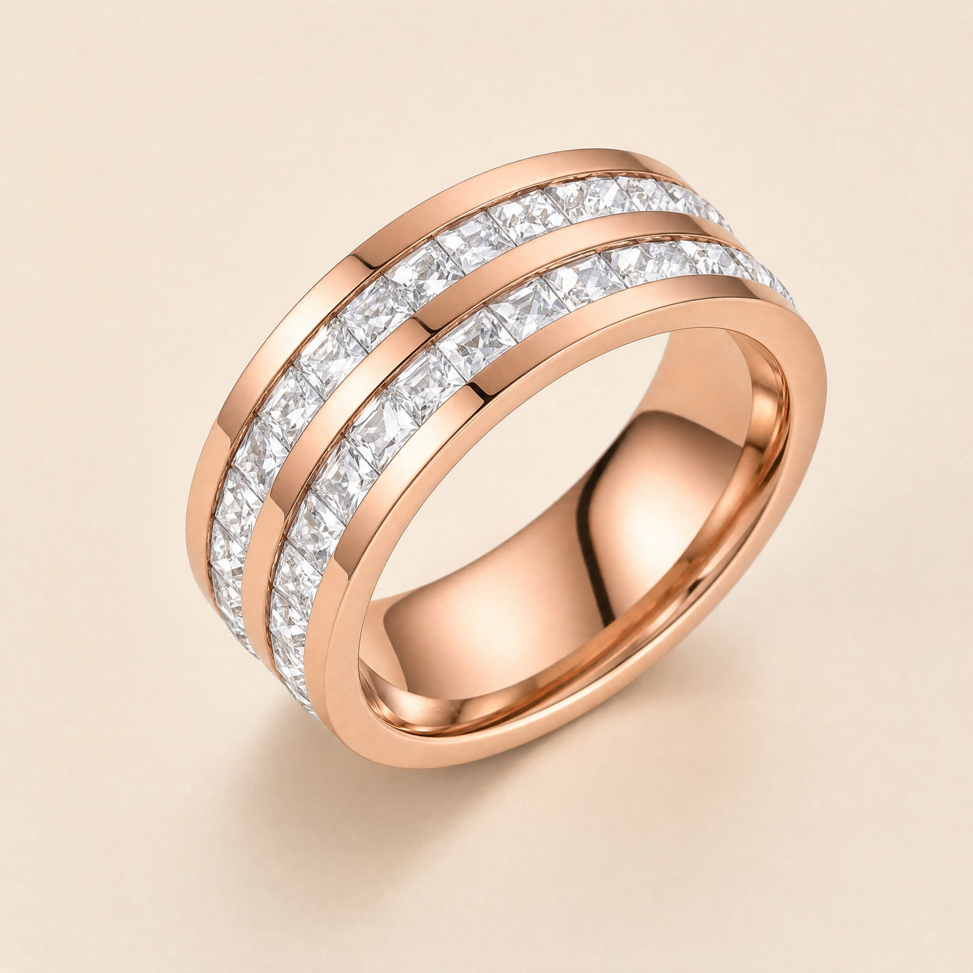 Double Row CZ Band Ring – Square Zircon Pavé Stainless Steel Wedding Ring for Women