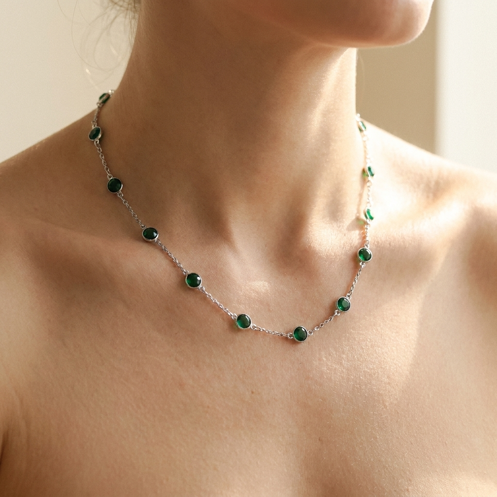Green Stone Station Necklace – Dainty Gold Silver Chain Choker, Minimalist Gift for Her