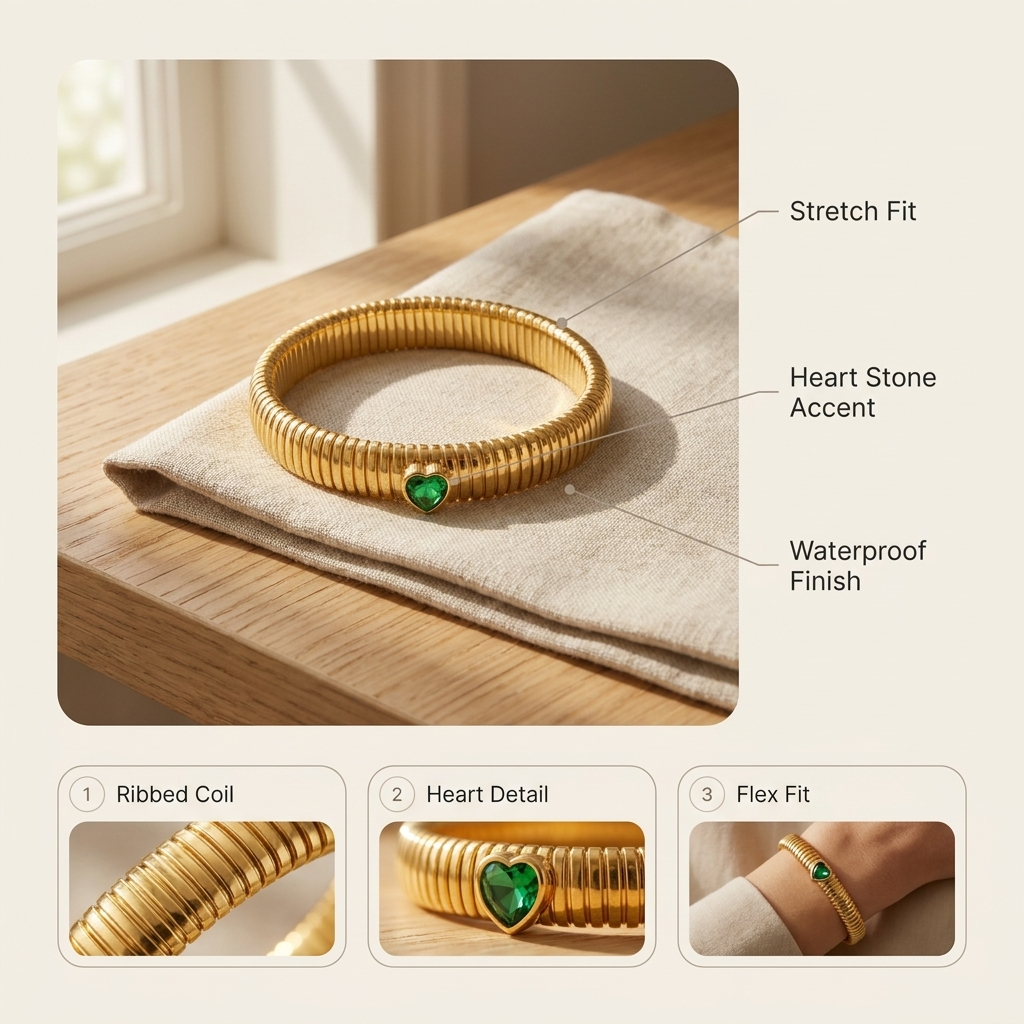 Tubogas Heart Bracelet – Retro Ribbed Stretch Bangle, Dainty Gift for Her