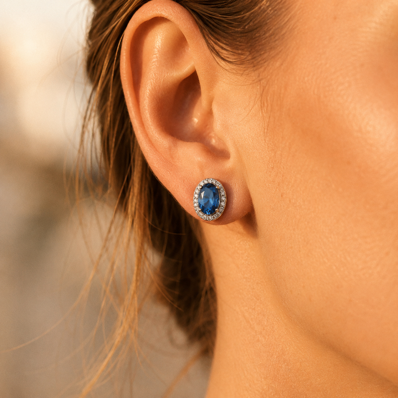 Silver Oval Crystal Halo Stud Earrings – Pavé CZ Gemstone Studs, Gift for Her
